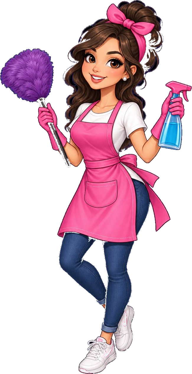 Karla, in her pink apron with a duster and spray bottle